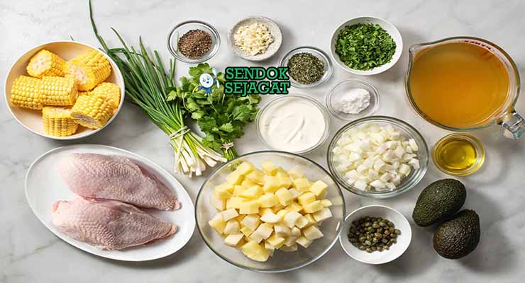 Bahan resep Colombian Ajiaco dengan kentang dan ayam.