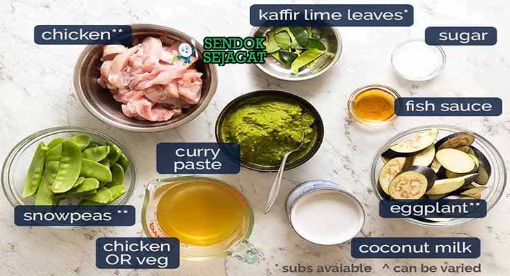 Bahan untuk resep green curry ayam dengan santan dan rempah segar.