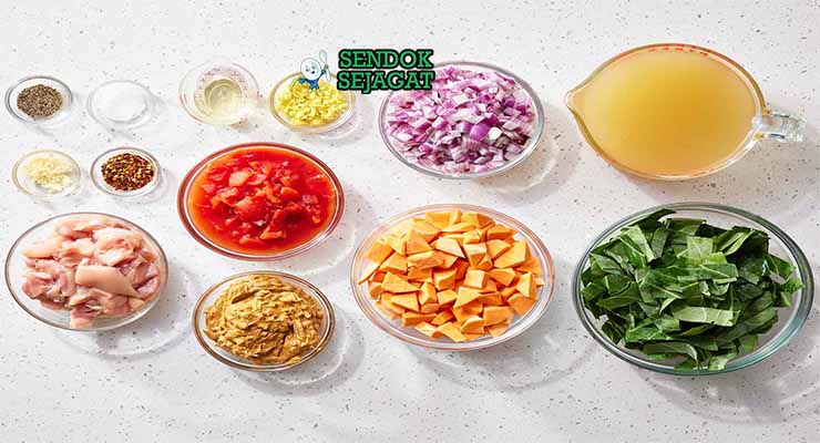 Bahan resep Peanut Stew dengan kacang dan daging.