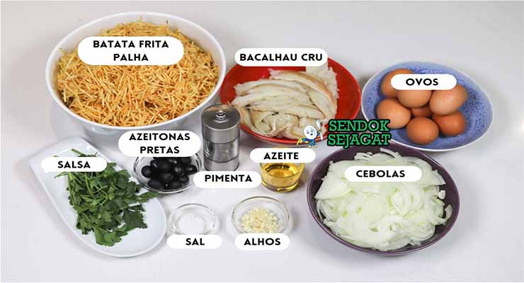 Bahan resep Portuguese Bacalhau à Brás dengan cod dan kentang.