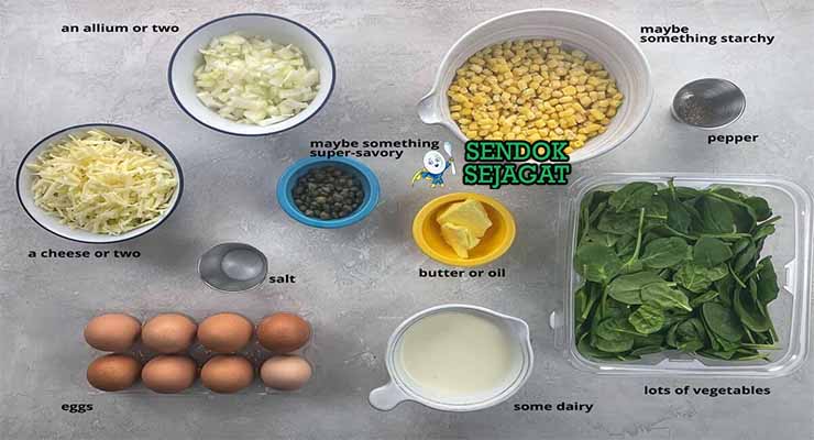 Bahan resep Frittata dengan telur dan parmesan.