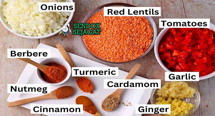 Bahan resep Misir Wat dengan lentil dan berbere.