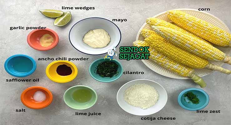 Bahan Elote dengan jagung dan keju cotija.