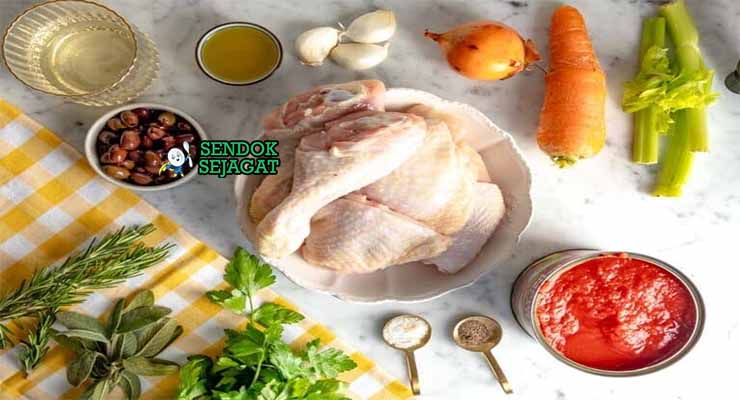 Bahan Pollo alla Cacciatora dengan Ayam dan Tomat.