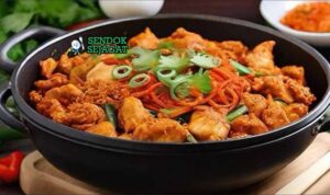 Korean Dakgalbi Sendok Sejagat dengan saus pedas.