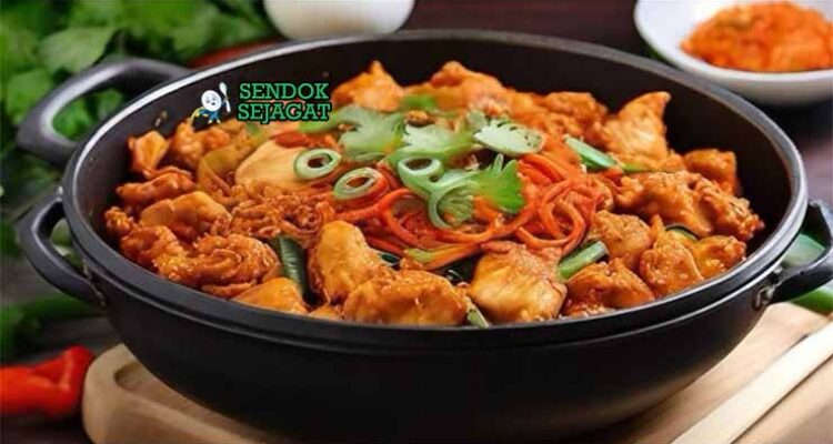 Korean Dakgalbi Sendok Sejagat dengan saus pedas.