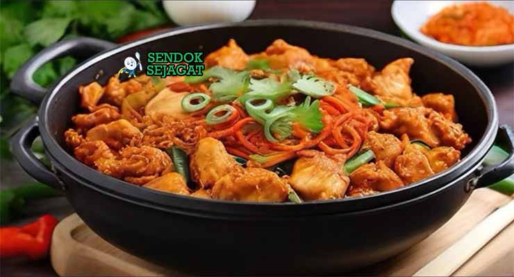 Korean Dakgalbi Sendok Sejagat dengan saus pedas.