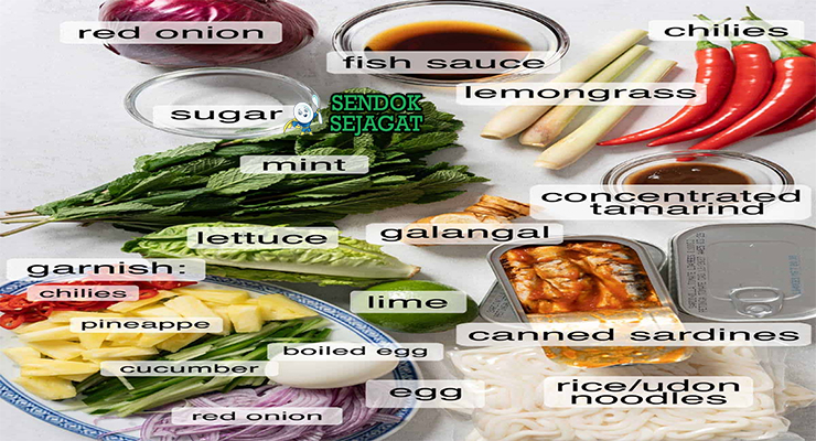 Bahan-bahan untuk Penang Asam Laksa, termasuk ikan makarel dan tamarind