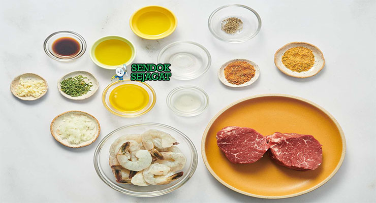 Bahan-bahan untuk Australian Beef and Reef, termasuk daging sapi dan udang