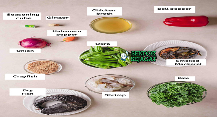 Bahan-bahan untuk Ghanaian Banku with Okro Stew, termasuk okra dan tepung jagung