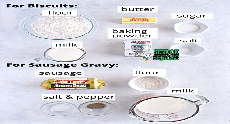 Bahan-bahan untuk Biscuits and Gravy, termasuk tepung dan sosis