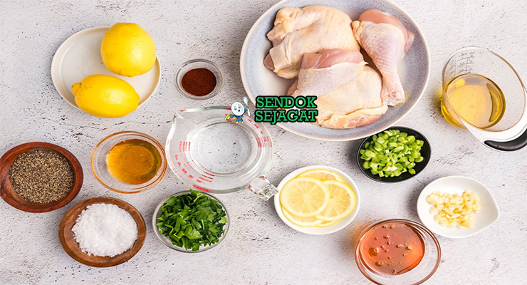 Bahan-bahan untuk Chinese Lemon Chicken, termasuk ayam dan lemon