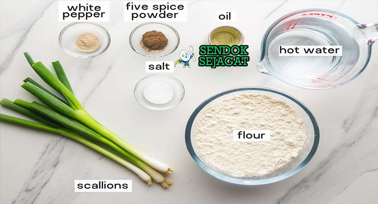 Bahan-bahan untuk Chinese Scallion Pancake, termasuk tepung dan daun bawang