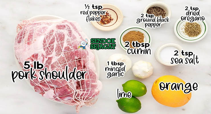 Bahan-bahan untuk Cuban Mojo Pork, termasuk daging babi dan jeruk