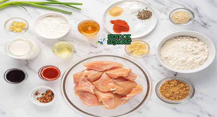 Bahan-bahan untuk Dakgangjeong, termasuk gochujang dan ayam fillet