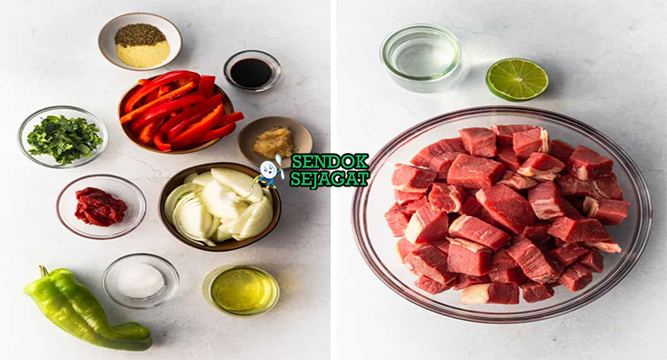 Bahan-bahan untuk Dominican La Bandera, termasuk kacang merah dan daging sapi