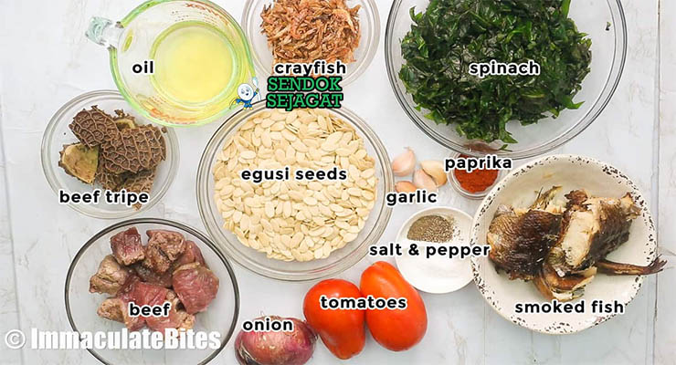 Bahan-bahan untuk Egusi Soup, termasuk biji egusi dan daging