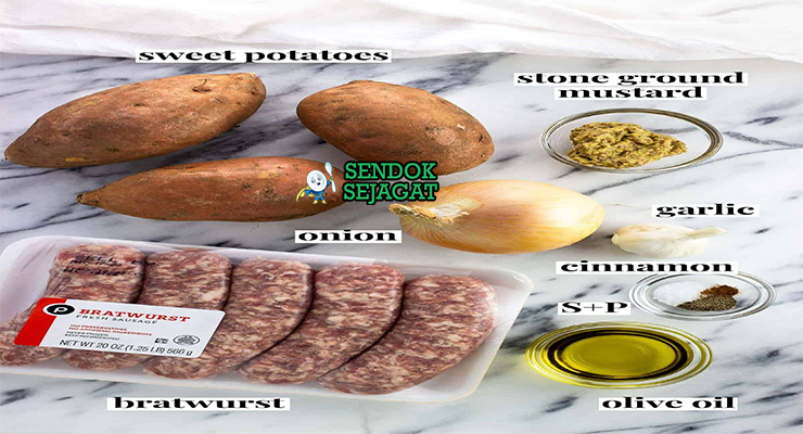 Bahan-bahan untuk German Bratwurst, termasuk sosis dan kubis