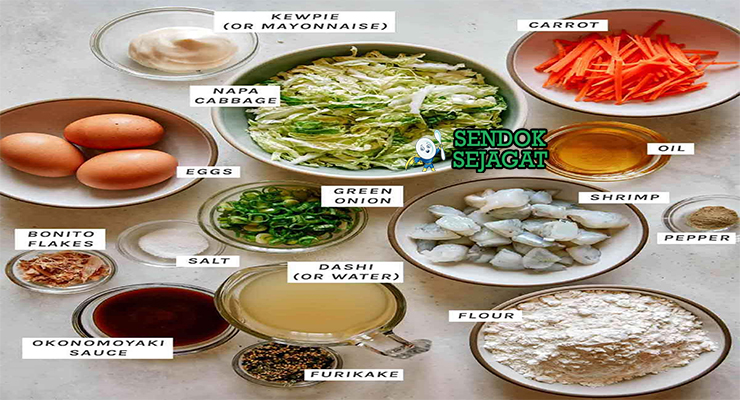 Bahan-bahan untuk Japanese Okonomiyaki, termasuk kol dan saus okonomiyaki