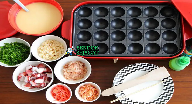 Bahan-bahan untuk Japanese Takoyaki, termasuk gurita dan daun bawang