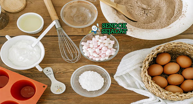 Bahan-bahan untuk Kue Cucur, termasuk tepung beras dan gula merah