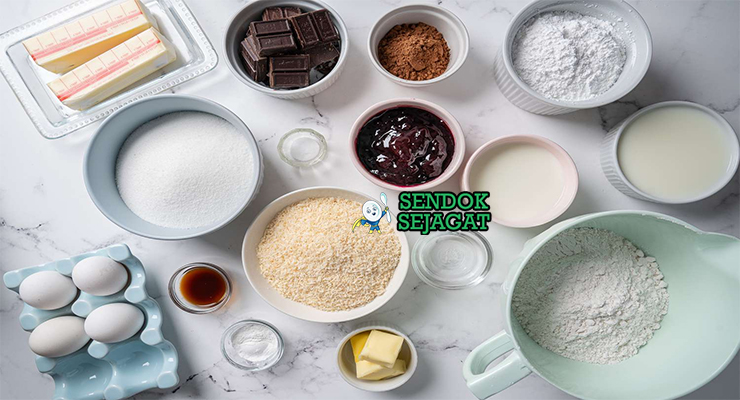 Bahan-bahan untuk Australian Lamington Sponge Cake, termasuk tepung dan kelapa parut