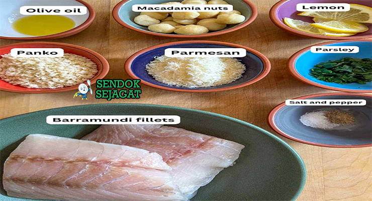 Bahan-bahan untuk Macadamia Crusted Barramundi, termasuk ikan dan kacang macadamia