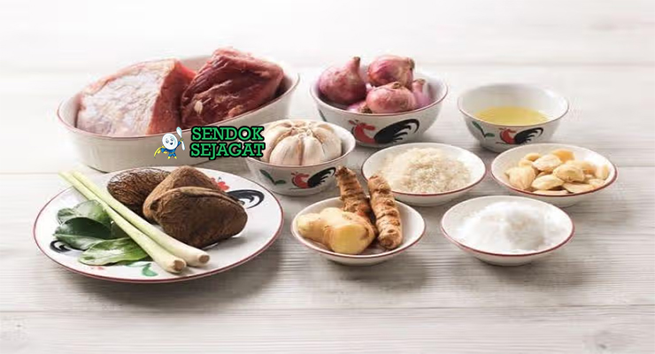Bahan-bahan untuk Nasi Timbel Komplit, termasuk ayam dan daun pisang