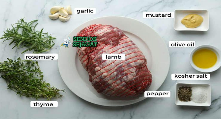Bahan-bahan untuk Roast Lamb with Mint Sauce, termasuk domba dan mint