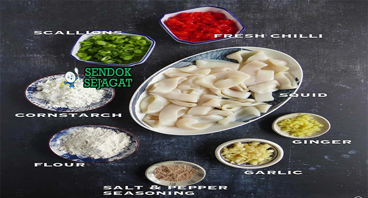 Bahan-bahan untuk Australian Salt and Pepper Squid, termasuk cumi dan tepung beras