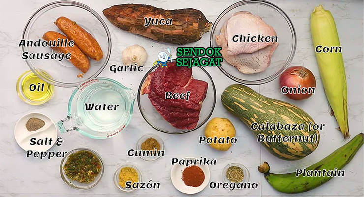 Bahan-bahan untuk Sancocho, termasuk daging sapi dan ubi jalar