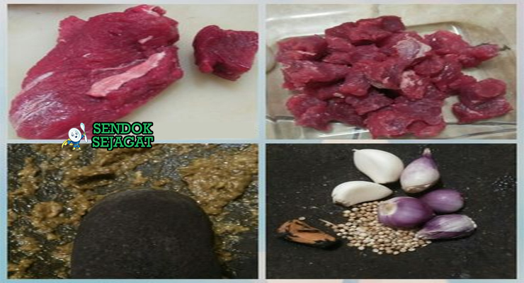 Bahan-bahan untuk Sate Klopo Surabaya, termasuk daging sapi dan kelapa parut
