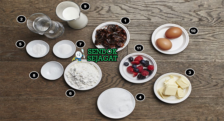 Bahan-bahan untuk Australian Sticky Date Pudding, termasuk kurma dan gula merah