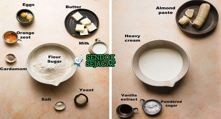 Bahan-bahan untuk Swedish Semla, termasuk tepung dan krim kocok