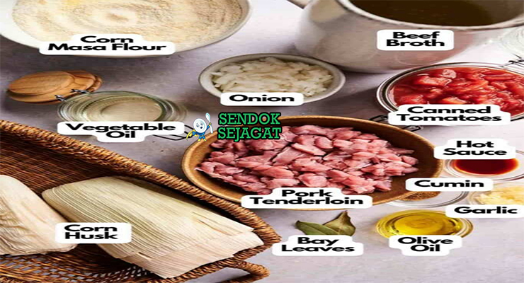 Bahan-bahan untuk Colombian Tamal Tolimense, termasuk masa harina dan daun pisang