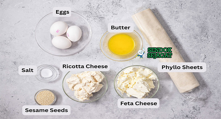 Bahan-bahan untuk Tiropita, termasuk keju feta dan filo pastry