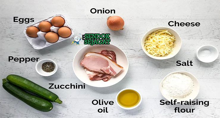 Bahan-bahan untuk Zucchini Slice, termasuk zucchini dan keju