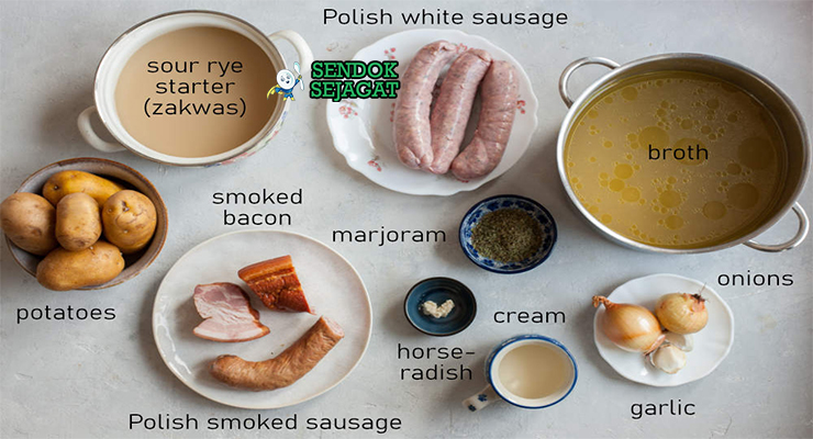 Bahan-bahan untuk Zurek, termasuk tepung rye dan sosis kielbasa