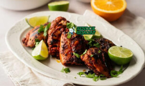 Mexican Pollo Asado dengan tortilla, salsa, dan guacamole