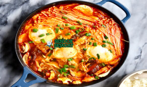 Korean Sundubu Jjigae dengan tahu, seafood, dan telur