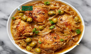 Yassa Senegal dengan ayam marinasi dan kuah bawang gurih
