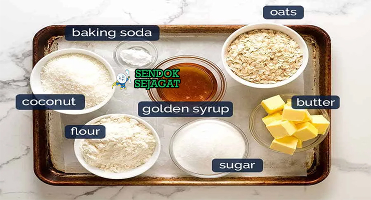Bahan-bahan untuk Anzac Biscuit Pudding, termasuk oats dan golden syrup