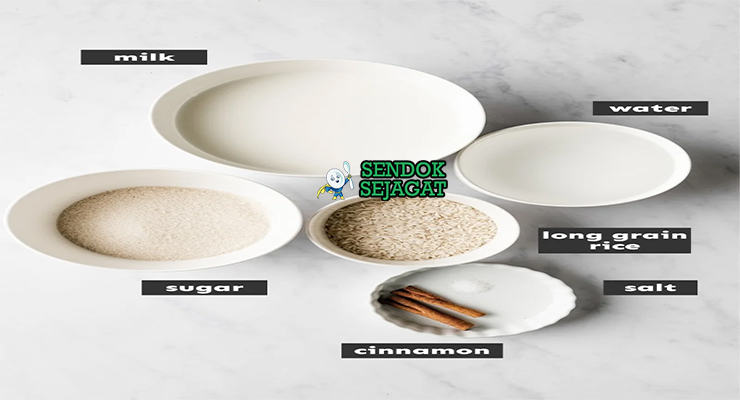 Bahan-bahan untuk Arroz con Leche, termasuk beras dan susu