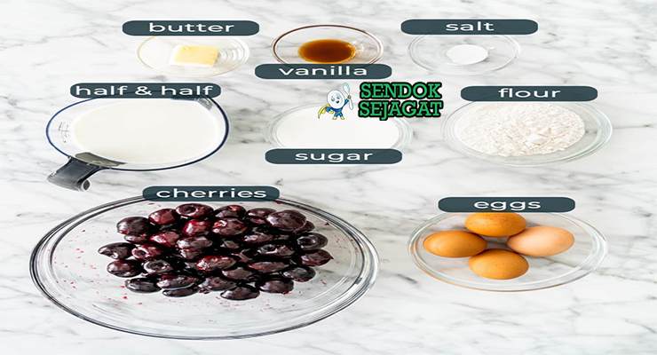 Bahan-bahan untuk Clafoutis, termasuk ceri dan telur