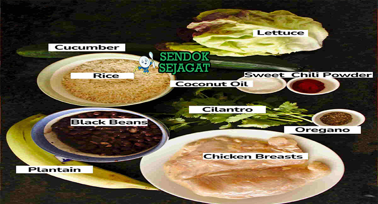 Bahan-bahan untuk Costa Rican Casado, termasuk kacang hitam dan pisang plantain
