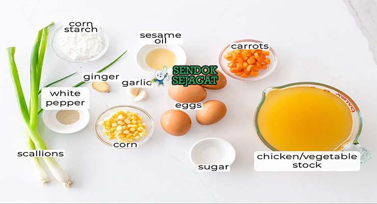 Bahan-bahan untuk Chinese Egg Drop Soup, termasuk telur dan kaldu ayam
