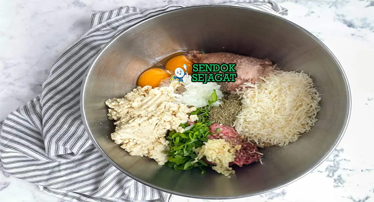 Bahan-bahan untuk Australian Kangaroo Meatballs, termasuk daging kangguru dan tomat