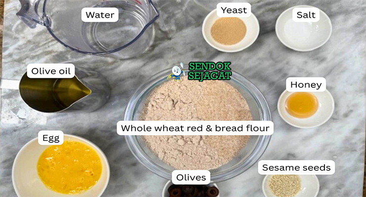 Bahan-bahan untuk Khobz, termasuk tepung dan ragi