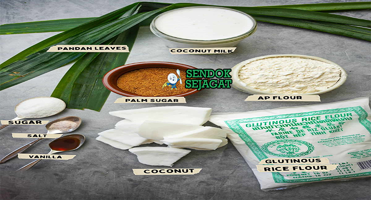 Bahan-bahan untuk Kuih Dadar, termasuk tepung dan gula merah
