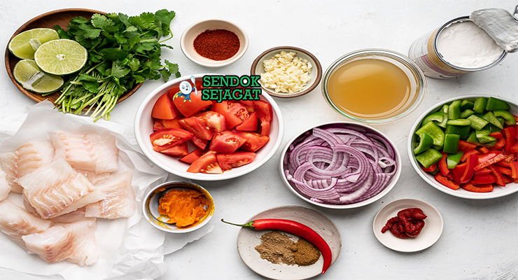 Bahan-bahan untuk Brazilian Moqueca, termasuk udang dan santan